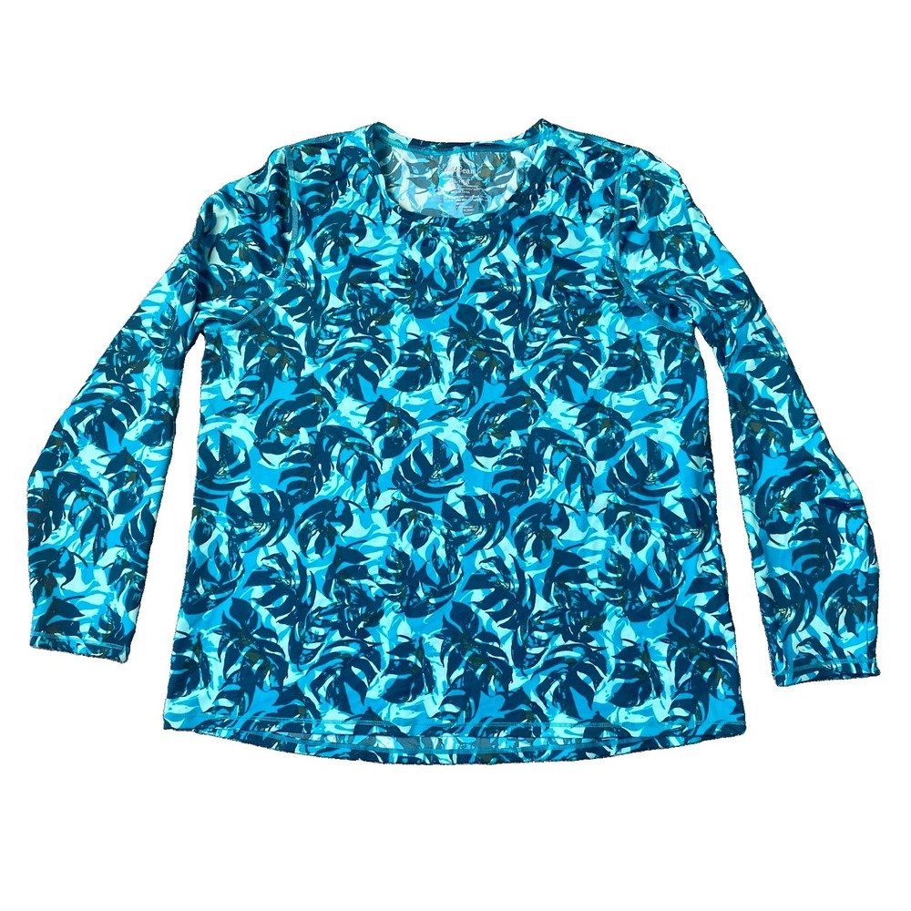 L.L. Bean Top Womens XL Blue Leaf AOP UPF 50+ Long Sleeve Swim Rash Guard